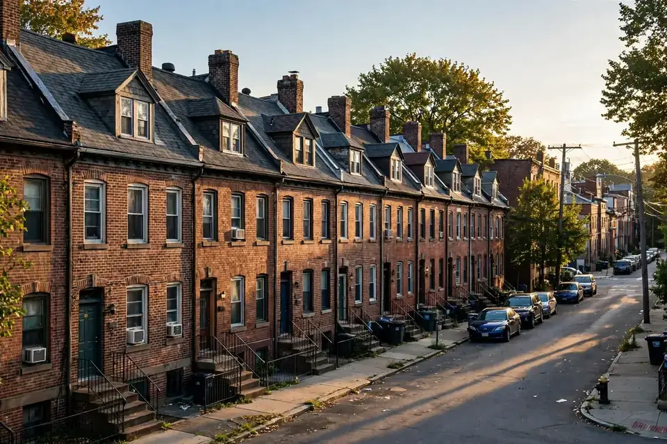 Dense Union City NJ rowhouses with rooflines close together