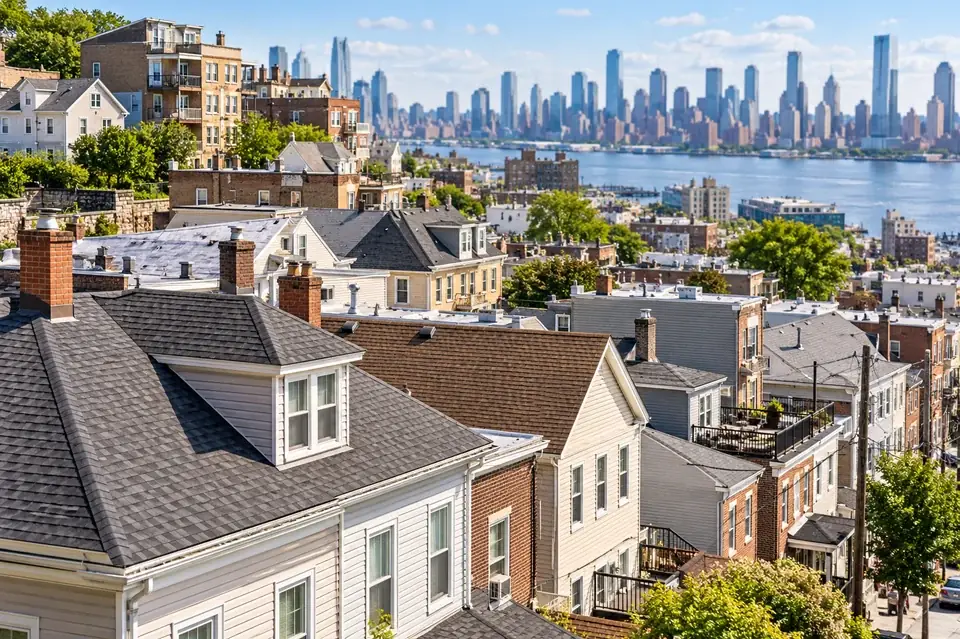 Residential rooftops in West New York NJ atop the Palisades